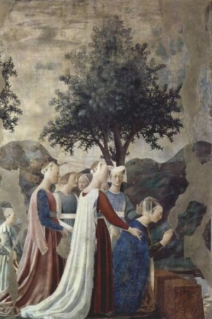 Piero della Francesca, Légende de la vraie croix. Rencontre de la reine de Saba et du roi Salomon. Adoration du bois. Fresque, 336 x 747 cm. Détail. Chiesa San Francesco, Arezzo Saba