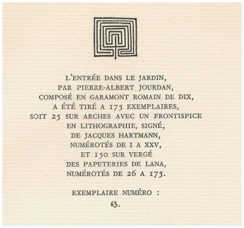 Pierre-Albert Jourdan, L'Entrée dans le Jardin, Thierry Bouchard éditeur, Losne, 1981. Ex. 63 Jourdan jardin